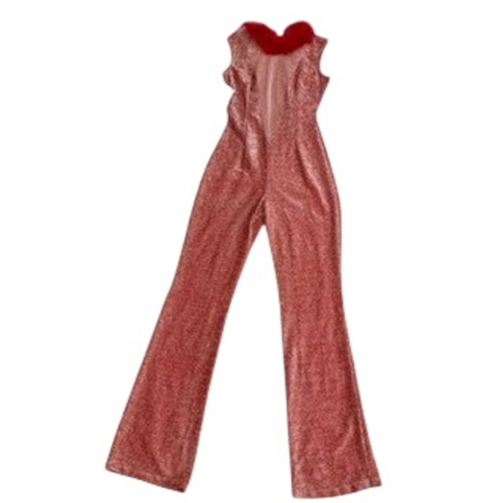 Red Shimmer Disco Jumpsuit Costume XS Faux Fur Trim Mesh Panel Flared Leg